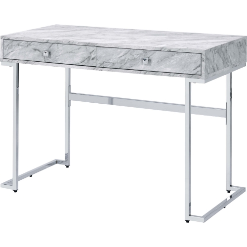 Tigress Writing Desk in White Faux Marble & Chrome Finish