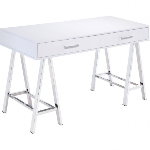 Coleen Writing Desk w/ USB in White High Gloss & Chrome