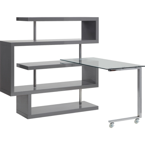 Raceloma Desk & Bookcase in Gloss Gray, Chrome & Tempered Glass