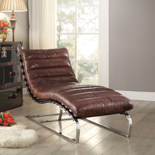 Qortini Chaise in Vintage Dark Brown Top Grain Leather & Stainless