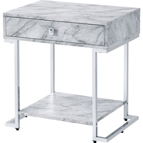 Wither Accent End Table in White Faux Marble & Chrome