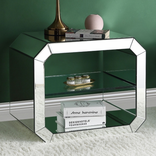 Meria Accent End Table in Mirror & Clear Glass