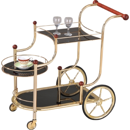 Lacy Serving Cart in Gold, Cherry Wood & Black Tempered Glass