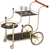 Lacy Serving Cart in Gold, Cherry Wood & Black Tempered Glass