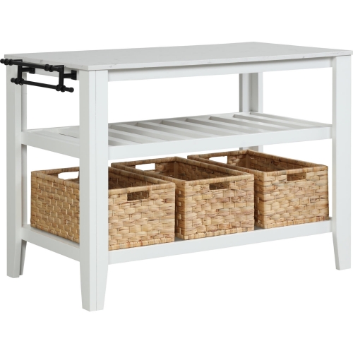 Sezye Kitchen Island in Faux Marble & White Finish with Baskets