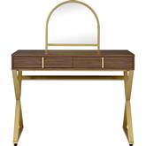 Coleen Vanity Desk with Jewelry Tray in Walnut & Gold Finish