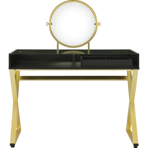 Coleen Vanity Desk w/ Jewelry Tray in Tempered Black Glass & Gold