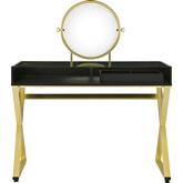 Coleen Vanity Desk w/ Jewelry Tray in Tempered Black Glass & Gold