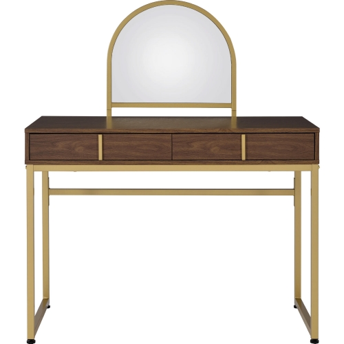 Coleen Vanity Desk w/ Jewelry Tray in Walnut & Gold Metal