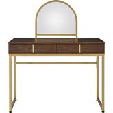 Coleen Vanity Desk w/ Jewelry Tray in Walnut & Gold Metal