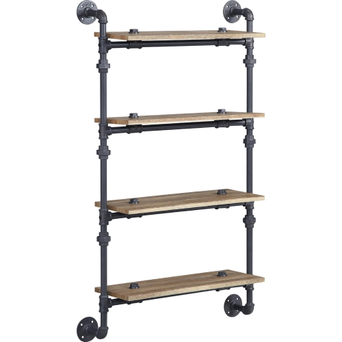 Brantley 4 Shelf Wall Rack in Oak Finish & Sandy Black Metal