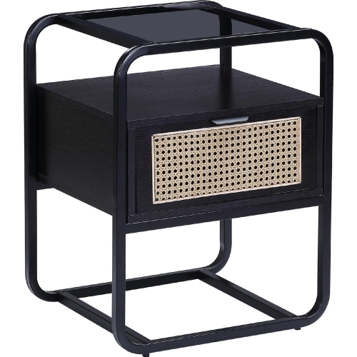 Colson Side Table in Black, Rattan & Glass