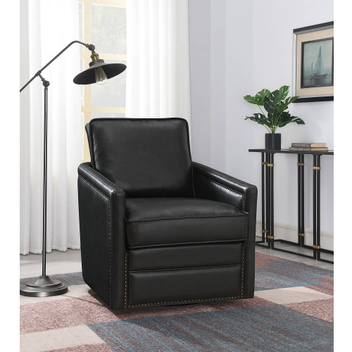 Rocha Swivel Accent Chair in Black Leathaire w/ Nailhead Trim