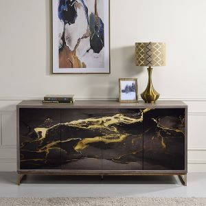 Payo Console Cabinet in Black Marble Print, Oak Finish & Champagne Metal