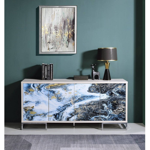 Liam Console Cabinet in Blue Marble Print, Gray Finish & Chrome