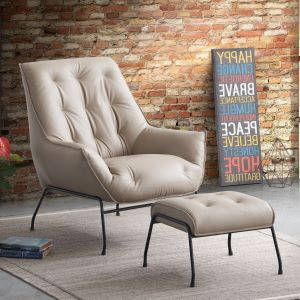 Zusa Accent Chair & Ottoman in Tufted Khaki Top Grain Leather & Metal