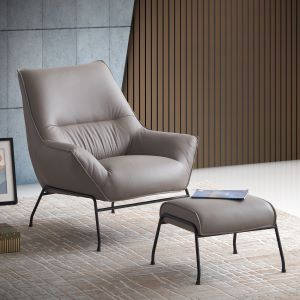 Jabel Accent Chair & Ottoman in Khaki Top Grain Leather & Metal