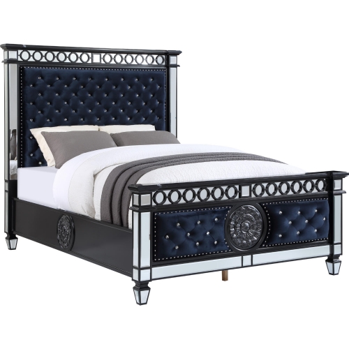 Varian II Queen King Bed in Tufted Blue Velvet, Black & Glass Mirror Finish