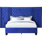 Damazy King Bed w/ Oversize Headboard in Tufted Blue Velvet