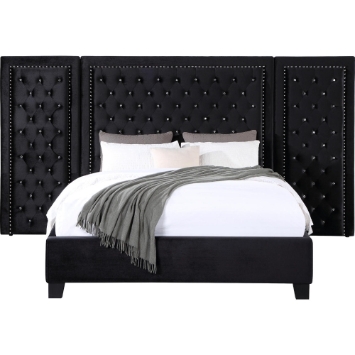 Damazy King Bed w/ Oversize Headboard in Tufted Black Velvet