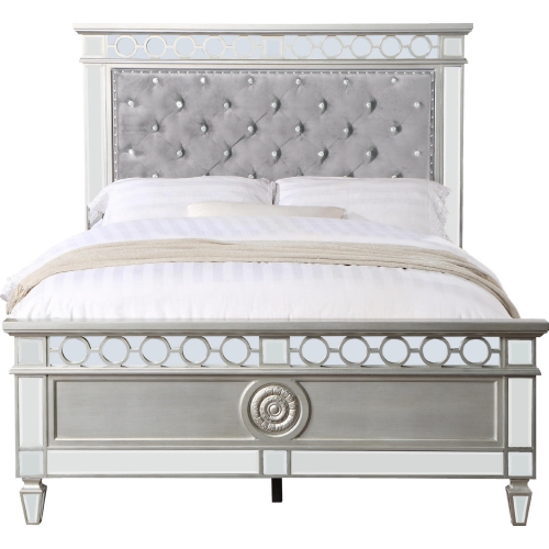 Varian Twin Bed in Tufted Gray Velvet, Silver & Mirror