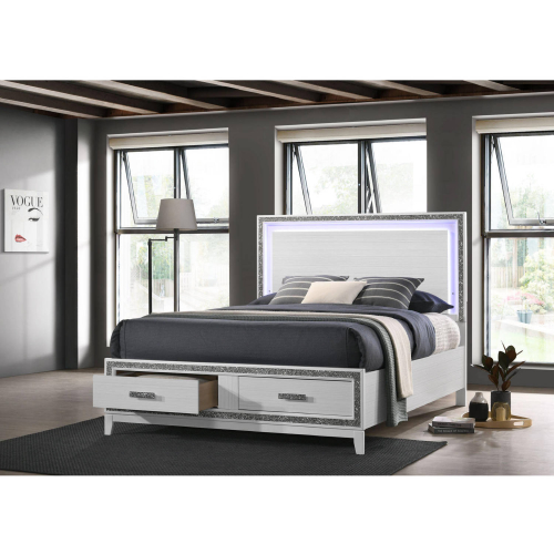 Haiden Queen Storage Bed in White, Silver & LED