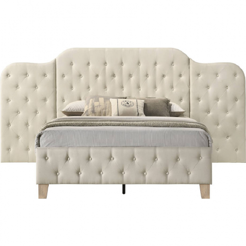 Ranallo King Bed w/ Oversized Headboard in Tufted Beige Linen & Wood