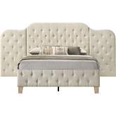 Ranallo King Bed w/ Oversized Headboard in Tufted Beige Linen & Wood