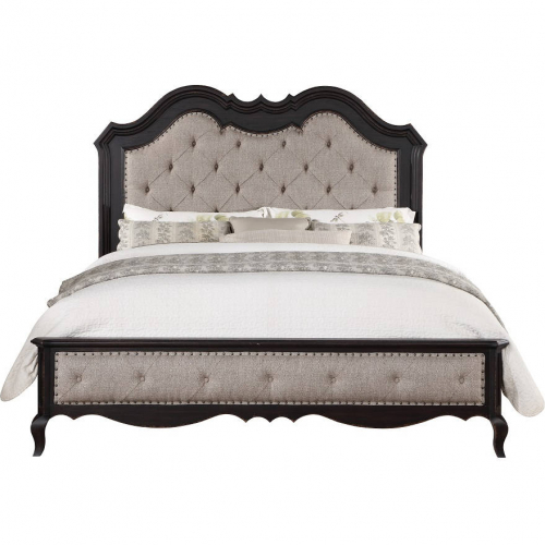 Chelmsford CA King Bed in Antique Black & Tufted Beige Fabric