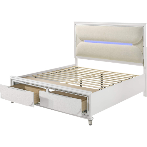 Tarian King Storage Bed w/ Led in Pearl White Finish & White Boucle Fabric