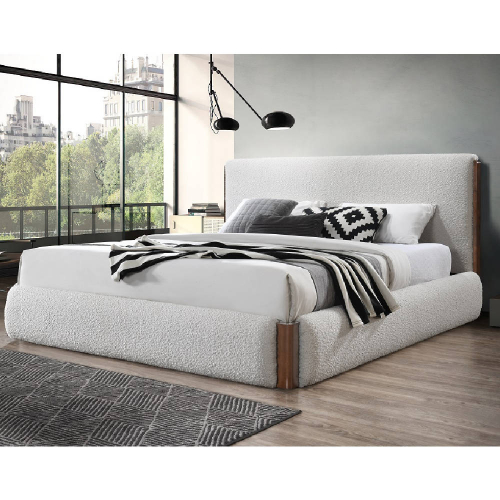 Sandro Queen Bed in White Boucle Fabric & Walnut Finish