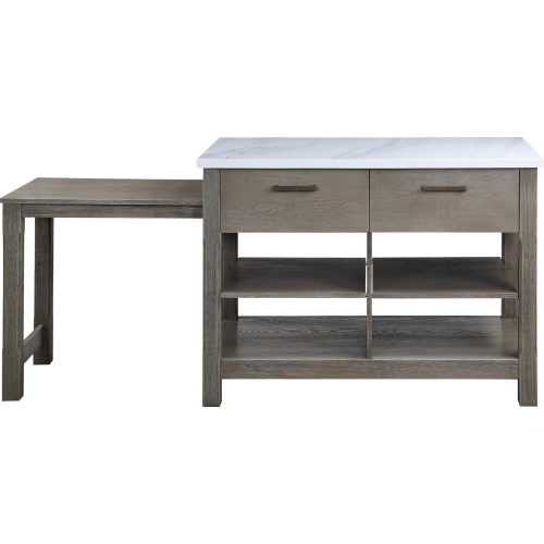 Feivel Kitchen Island with Pull Out Table in Faux Marble & Gray Finish