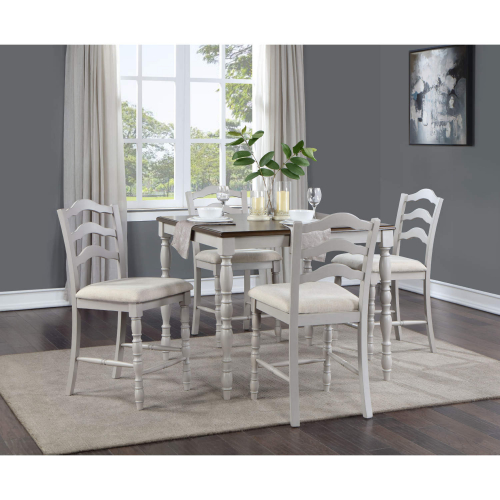 Bettina 5 Piece Counter Dining Set in Gray, Weathered Oak Finish & Beige Fabric