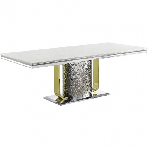 Fadri 86" Dining Table in Engineered Stone, Hammered Silver & Gold Stainless Steel