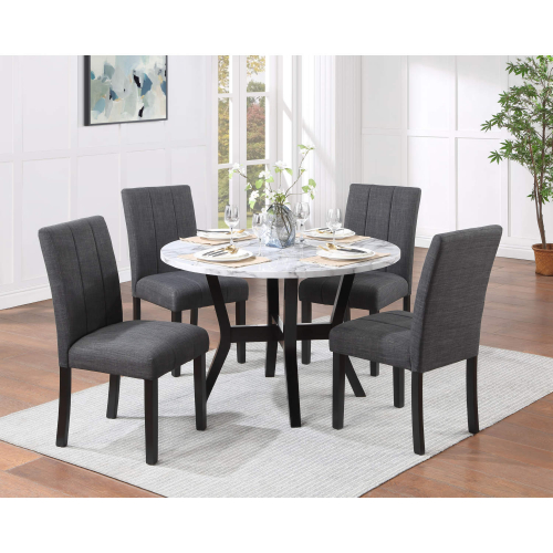 Kusa 5 Piece Dining Set in Faux Marble, Black Wood & Gray Fabric