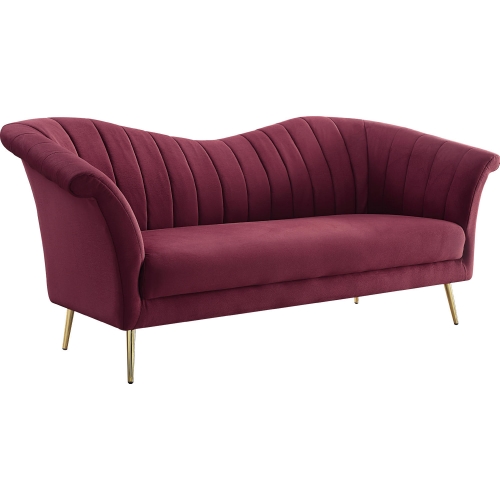 Callista Sofa in Channel Tufted Red Velvet & Gold Metal