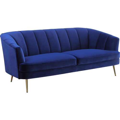 Eivor Sofa in Channel Tufted Blue Velvet & Gold Metal