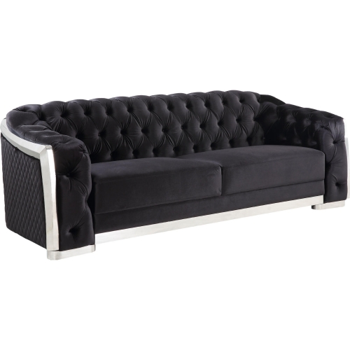 Pyroden Sofa in Tufted Black Velvet & Chrome Metal