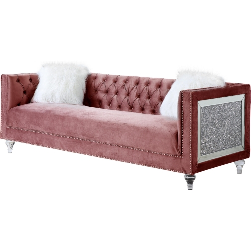 HeiberoII Sofa in Tufted Pink Velvet, Faux Diamond & Acrylic