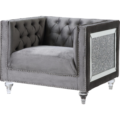 HeiberoII Accent Chair in Tufted Gray Velvet, Faux Diamond & Acrylic