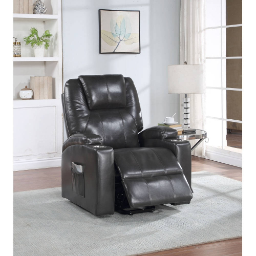 Evander Power Lift Recliner w/ Cup Holders in Gunmetal Gray Leathaire