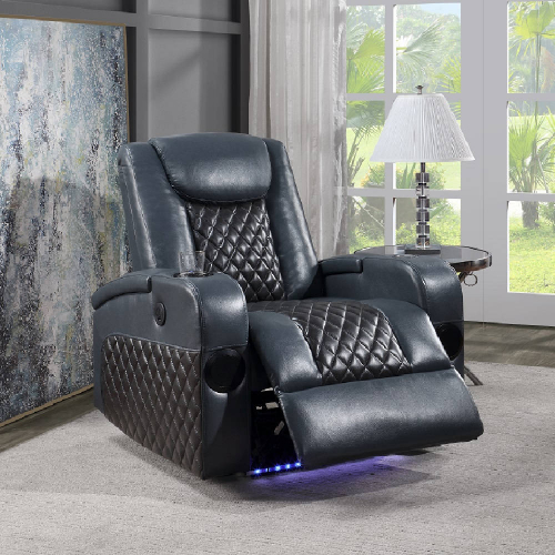 Alair Power Recliner w/ Charger, Cup Holders & Speaker in Blue & Black Leathaire