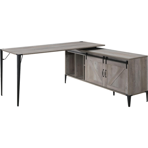 Zakwani L Shape Writing Desk w/ USB in Gray Oak & Black Metal