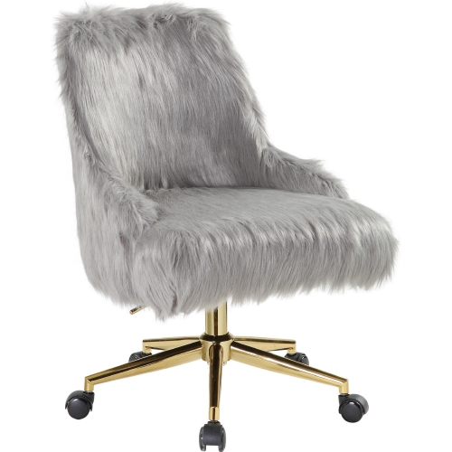 Arundell II Office Chair in Gray Faux Fur & Gold