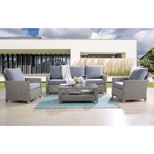 Greeley 4 Piece Outdoor Sofa Set in Gray Wicker & Fabric