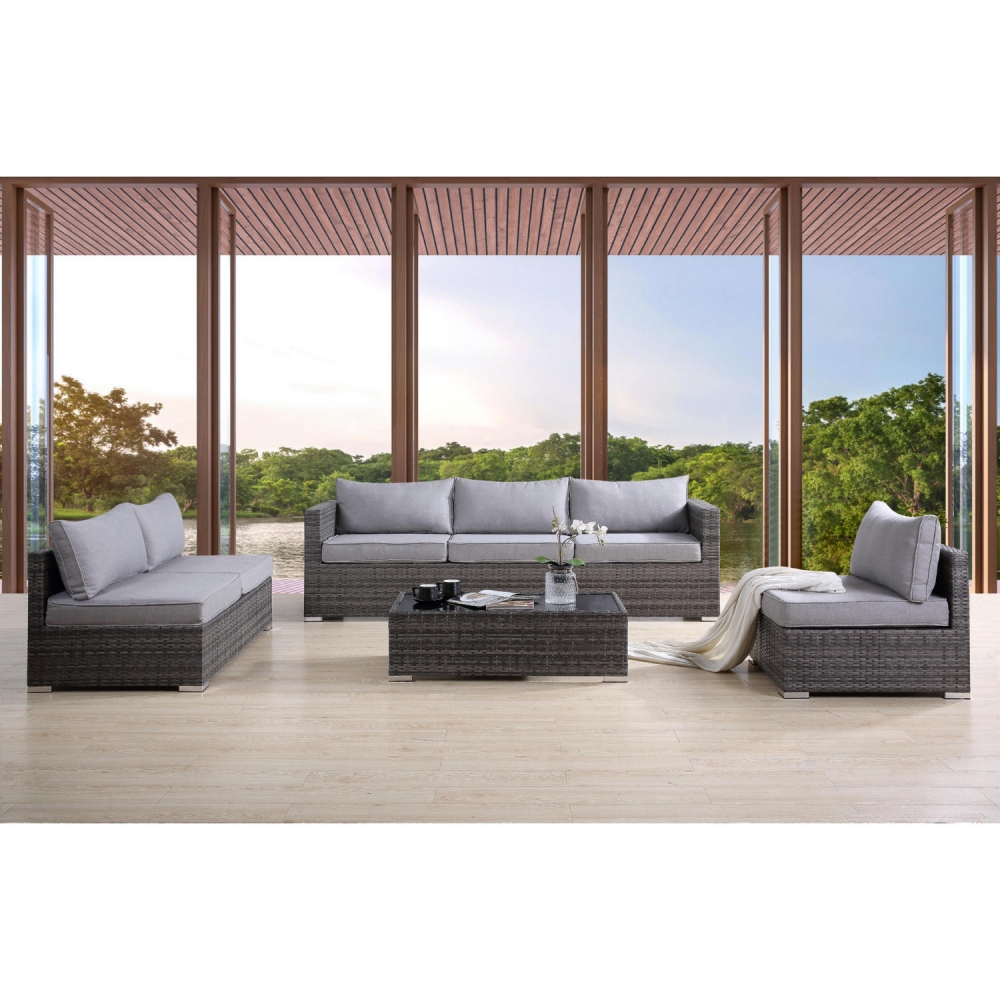 Acme OT01091 Sheffield 4 Piece Outdoor Sofa Set in Gray Fabric & Gray Wicker