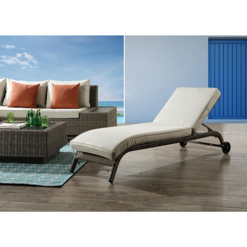 Salena Outdoor Sun Lounge Chair in Beige Fabric & Gray Wicker