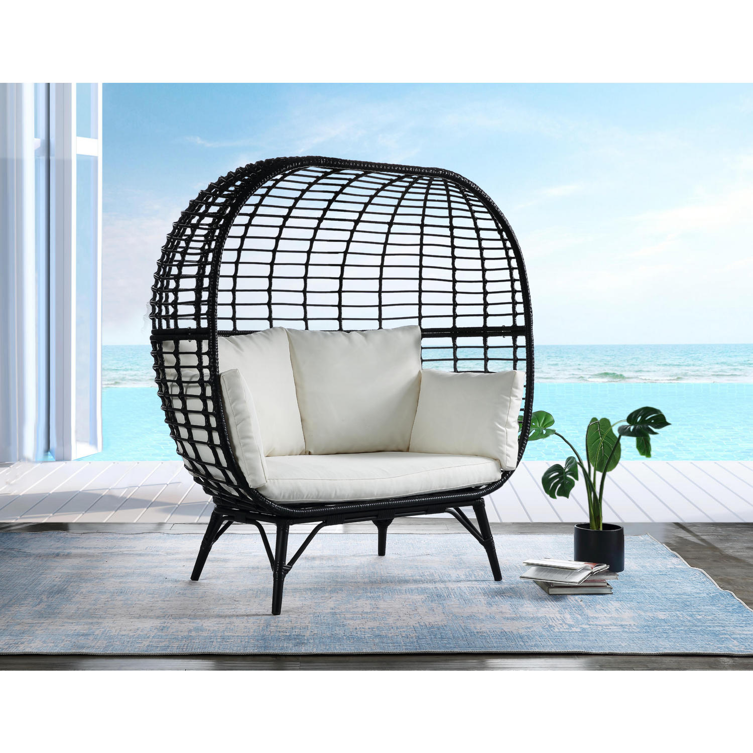 Acme OT01099 Penelope Outdoor Lounge Chair in Cream Fabric & Black Wicker