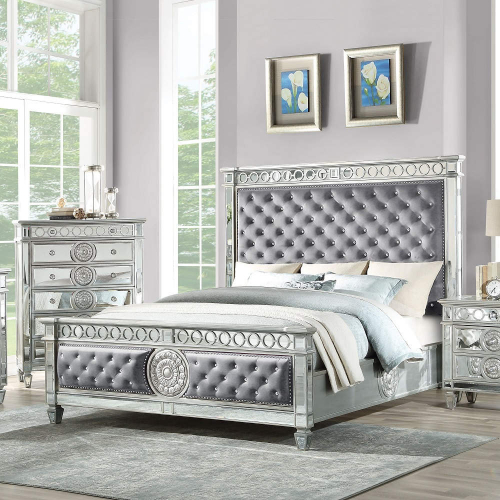 Varian King Bed in Tufted Gray Velvet, Silver & Mirror