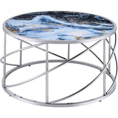 Lyda Coffee Table in Blue Marble Print & Chrome Finish